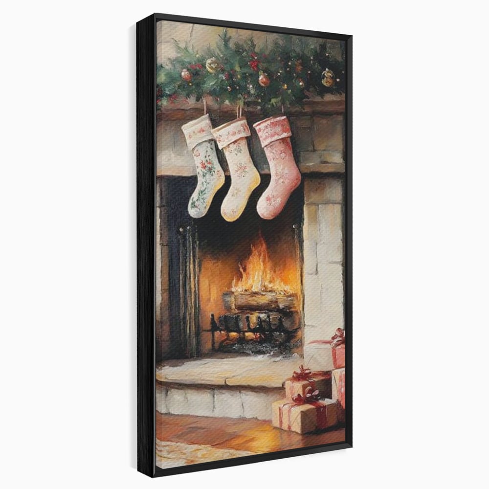 Tablou canvas cu tablou canvas cu semineu si ciorapi de craciun, in rama de aluminiu negru